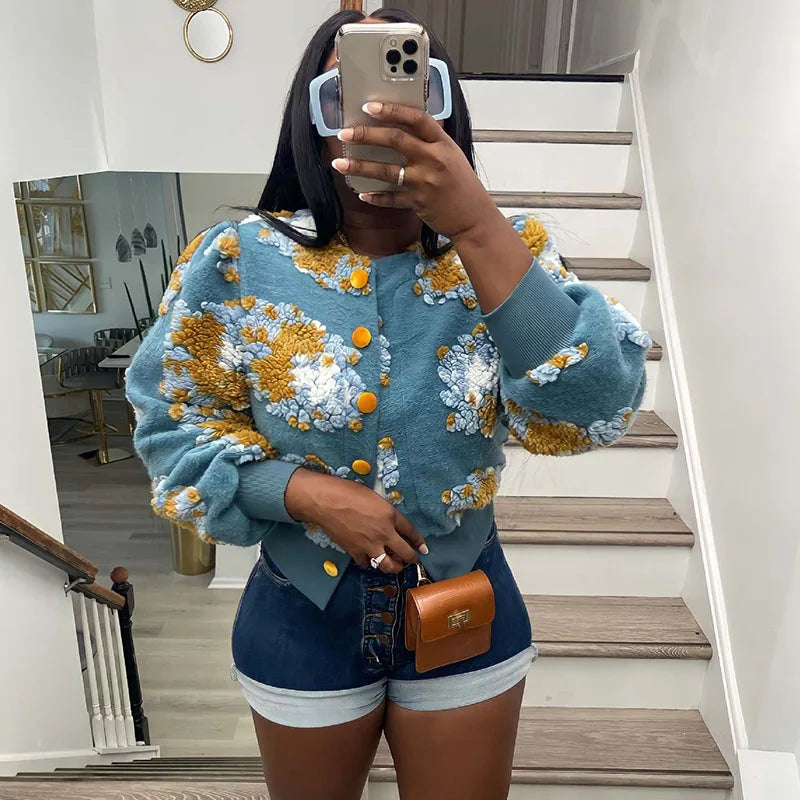 Streetwear Velours Flower Bomber Jacket Winter Clothes Women Warm Harajuku Single-breasted Chic Coat Outwears Chaqueta Mujer