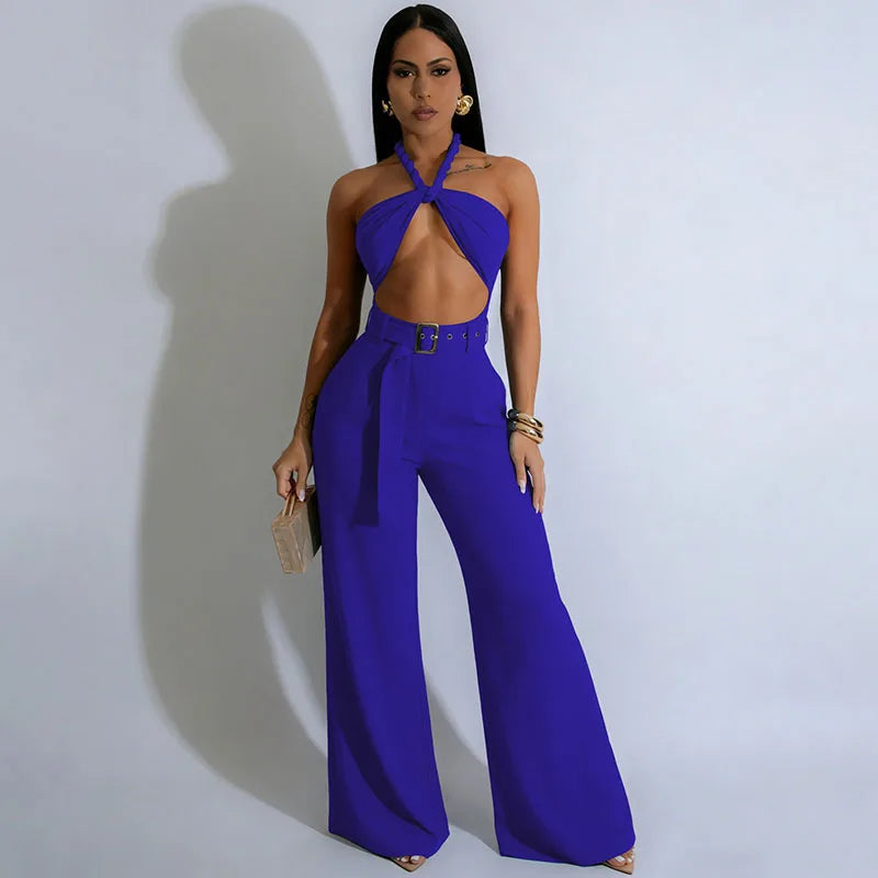 Sexy Halter Backless Overalls for Woman Jumpsuit Rave Festival Clothing Hollow Out Sleeveless Night Out Club Party Romper Belt