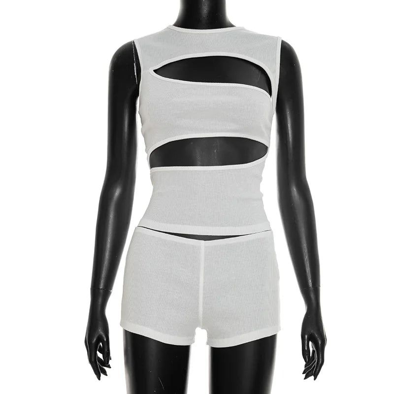Sexy Hollow Out Clubbing Woman Outfit Sets 2 Piece Rave Festival Clothing Party Knit Top and Shorts Matching Set Conjunto Verano