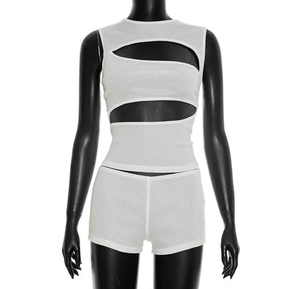 Sexy Hollow Out Clubbing Woman Outfit Sets 2 Piece Rave Festival Clothing Party Knit Top and Shorts Matching Set Conjunto Verano