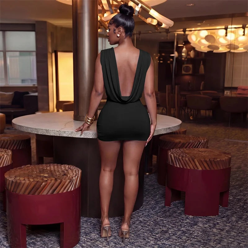 Sexy Deep V-neck Backless Birthday Dress for Woman Party Club Night Out Sleeveless Ruched Metal Ring Bodycon Mini Dress Elegant