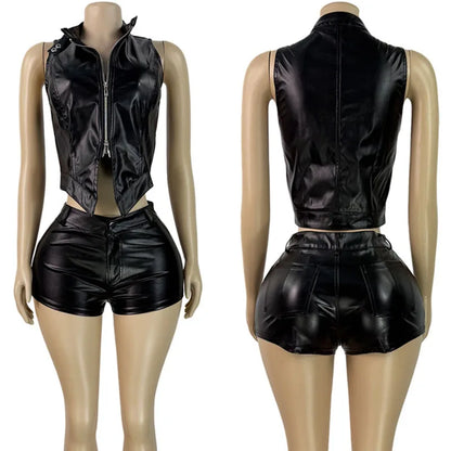 Doyerl PU Faux Leather Two Piece Outfits Woman Streetwear Double Zipper Sleeveless Jacket Top and Shorts Set Matching Ensemble