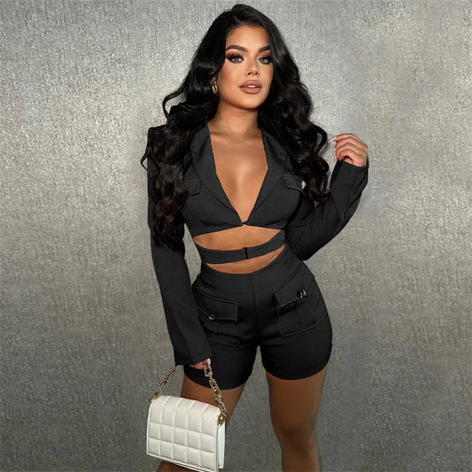 Elegant Stylish Blazer Style Rompers Womens Jumpsuit Shorts Long Sleeve Hollow Out Bodycon Playsuit One Pieces Club Outfits