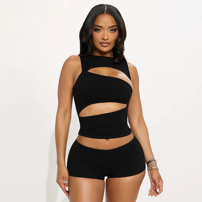 Sexy Hollow Out Clubbing Woman Outfit Sets 2 Piece Rave Festival Clothing Party Knit Top and Shorts Matching Set Conjunto Verano