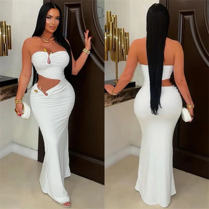 Sexy Strapless Party Dress Woman for Birthday Cut Out Sheath Slim Club Wear Night Out Bodycon Long Dress Vestidos Elegantes