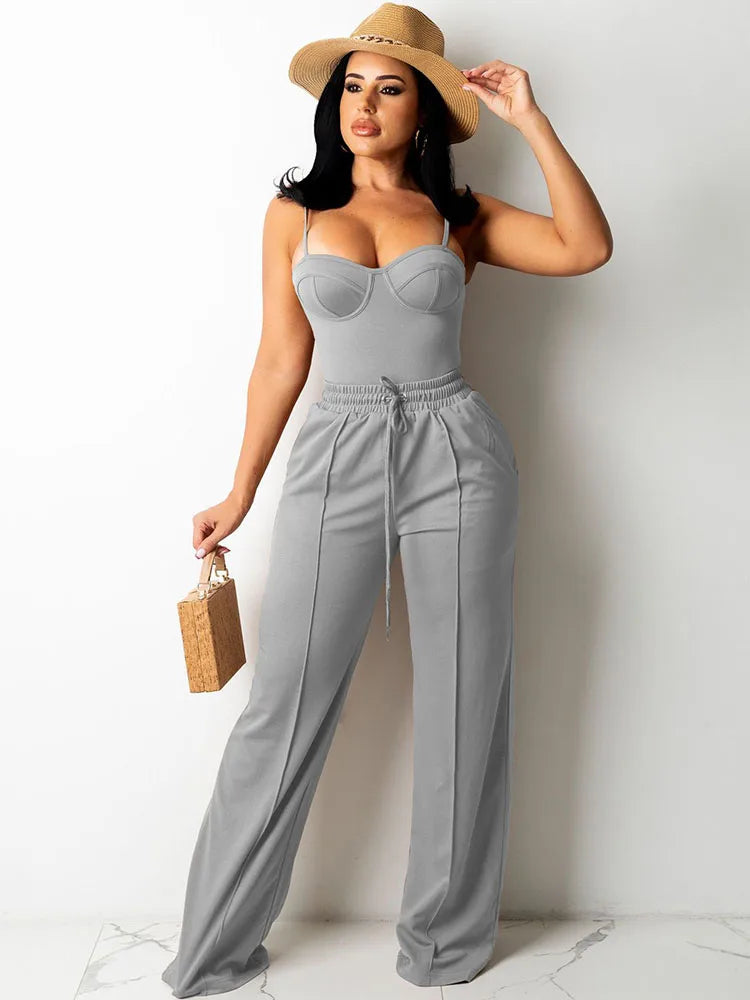 Doyerl Solid Elegant 2 Piece Set Woman Clothing Spaghetti Strap Strapless Top and Drawstring Wide Leg Pants Matching Sets Outfit