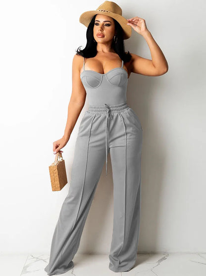 Doyerl Solid Elegant 2 Piece Set Woman Clothing Spaghetti Strap Strapless Top and Drawstring Wide Leg Pants Matching Sets Outfit