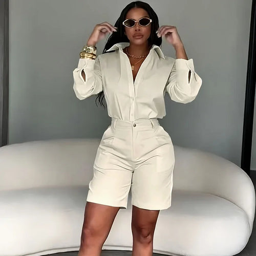 Doyerl Solid Elegant Fashion Two Piece Set Women Clothing Casual Long Sleeve Shirt Top and Shorts Matching Sets Ensembles Femme