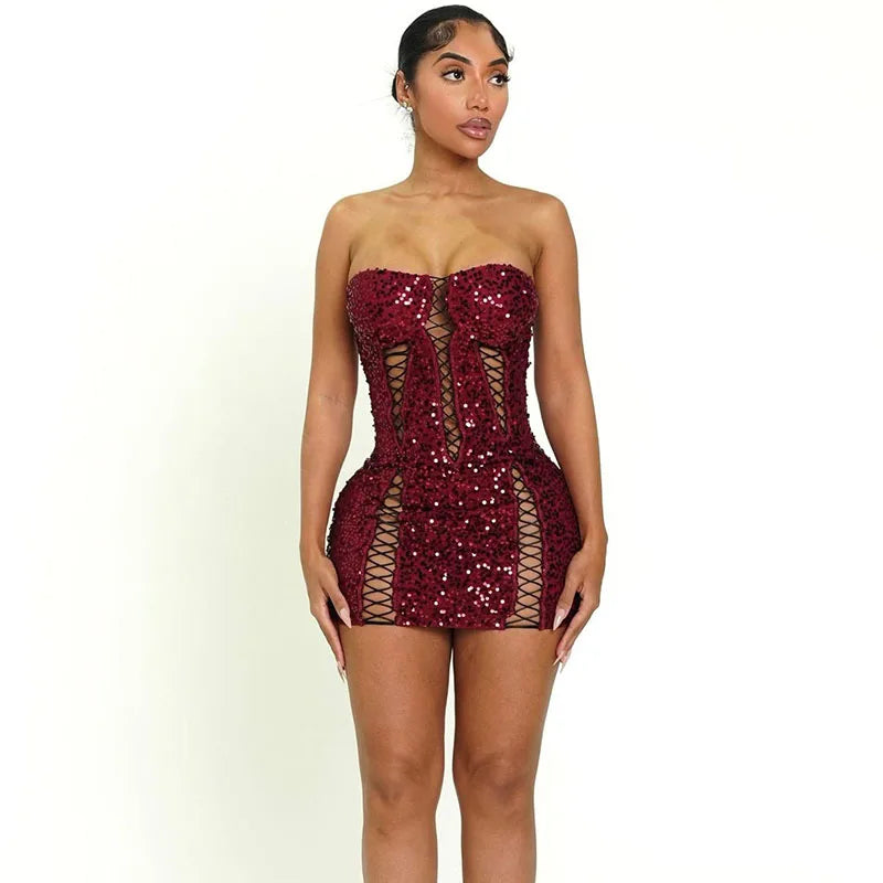 Doyerl Glitter Sequin Dress Woman Birthday Tube Strapless Lace-up Hollow Out Night Club Party Bandage Bodycon Mini Dress Vestido