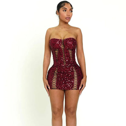Doyerl Glitter Sequin Dress Woman Birthday Tube Strapless Lace-up Hollow Out Night Club Party Bandage Bodycon Mini Dress Vestido