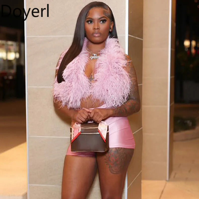 Doyerl Fake Fur Night Out Outfits Women Two Piece Set Sexy Club Halter Lace-up Crop Top and Shorts Birthday Ensemble Short Femme