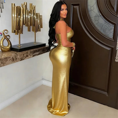 Doyerl Elegant Birthday Dresses for Woman Evening Nightclub Party Halter Strapless Hollow Out Ruched High Split Maxi Dress Robe