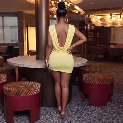 Sexy Deep V-neck Backless Birthday Dress for Woman Party Club Night Out Sleeveless Ruched Metal Ring Bodycon Mini Dress Elegant