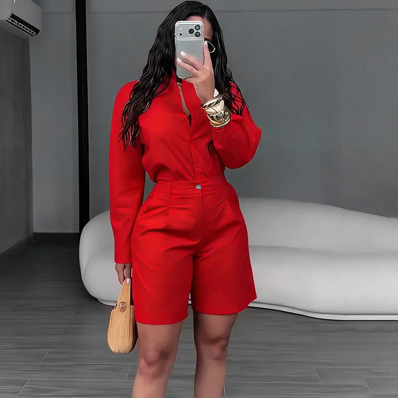 Doyerl Solid Elegant Fashion Two Piece Set Women Clothing Casual Long Sleeve Shirt Top and Shorts Matching Sets Ensembles Femme