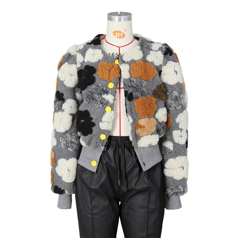Streetwear Velours Flower Bomber Jacket Winter Clothes Women Warm Harajuku Single-breasted Chic Coat Outwears Chaqueta Mujer