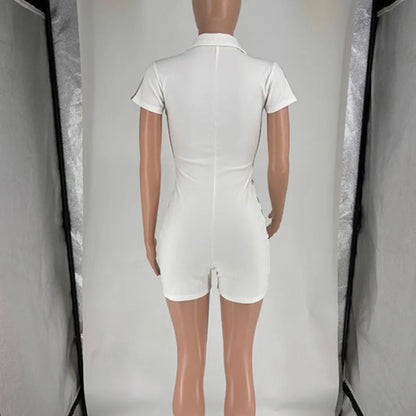 Doyerl Front Zipper Turn-down Collar Playsuit Women's Jumpsuits and Rompers Short Sleeve Slim Casual Sporty One Piece Outfits