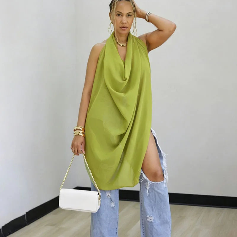 Doyerl Solid Chiffon Shirts & Blouses Woman Tops Y2K Halter V-neck Sleeveless Backless Lace-up Club Party Blusas De Mujeres