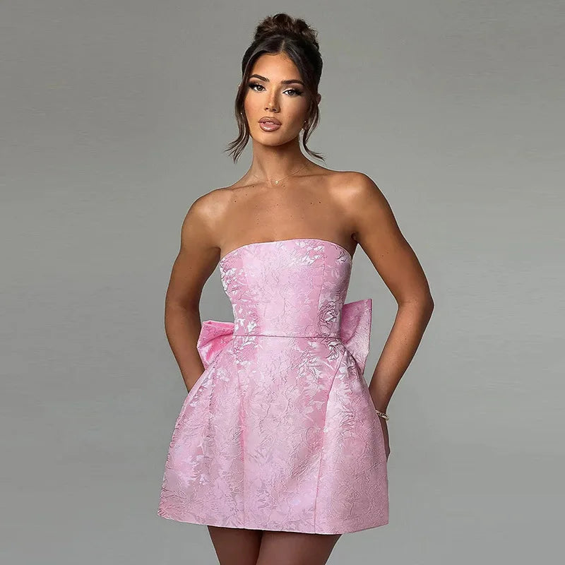 Doyerl Lace-up Bandage Bow Birthday Dresses for Woman Party Club Night Strapless A-line Mini Dress Vestidos De Fiesta Elegantes