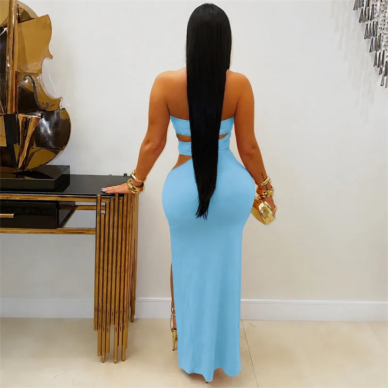 Doyerl Metal Ring Bandage Strapless Birthday Dresses for Woman Party Club Night Hollow Out Bodycon Maxi Dress Robe Longue Femmes