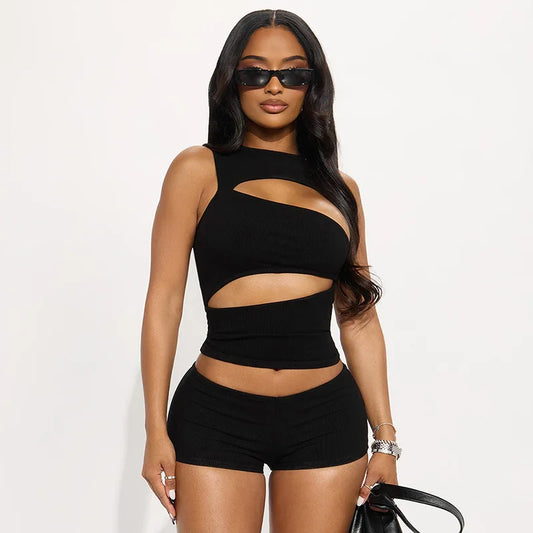 Sexy Hollow Out Clubbing Woman Outfit Sets 2 Piece Rave Festival Clothing Party Knit Top and Shorts Matching Set Conjunto Verano