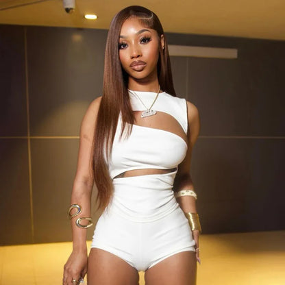 Sexy Hollow Out Clubbing Woman Outfit Sets 2 Piece Rave Festival Clothing Party Knit Top and Shorts Matching Set Conjunto Verano