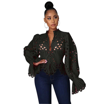 Sexy Hollow Out Floral White Blouses Tops for Woman 2025 Birthday Flare Sleeve Stylish Y2K Club Wear Shirts Blusas Para Mujer