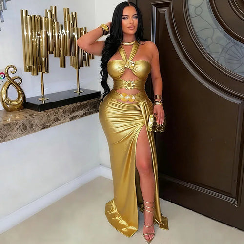 Doyerl Elegant Birthday Dresses for Woman Evening Nightclub Party Halter Strapless Hollow Out Ruched High Split Maxi Dress Robe