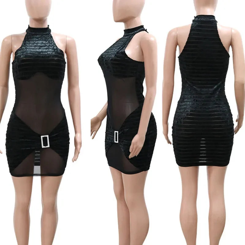 Sexy Mesh See Through Patchwork Velvet Bodycon Mini Dress Women Sleeveless Button Bandage Party Night Club Dresses Vestidos