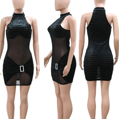 Sexy Mesh See Through Patchwork Velvet Bodycon Mini Dress Women Sleeveless Button Bandage Party Night Club Dresses Vestidos
