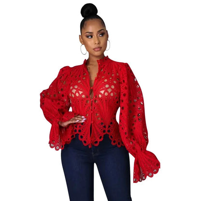 Sexy Hollow Out Floral White Blouses Tops for Woman 2025 Birthday Flare Sleeve Stylish Y2K Club Wear Shirts Blusas Para Mujer