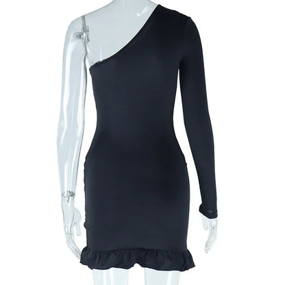 Sexy One Shoulder Bodycon Mini Dress with Sleeve Women Night Club Party Sheath Stretchy Button Ruched Ruffles Hem Short Dresses