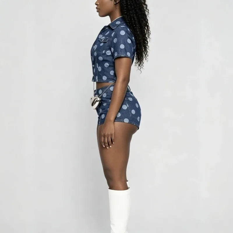 Doyerl Polka Dot Denim 2 Piece Outfits Woman Summer Clothes Button Up Turn-down Collar Shirt Top and Shorts Matching Sets Jeans