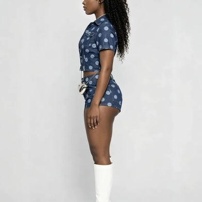 Doyerl Polka Dot Denim 2 Piece Outfits Woman Summer Clothes Button Up Turn-down Collar Shirt Top and Shorts Matching Sets Jeans