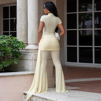 Doyerl Club Party Elegant Jumpsuit Woman Flare Pants Stretchy Slim Short Sleeve Ruched One Piece Rompers Mono Mujer Elegantes