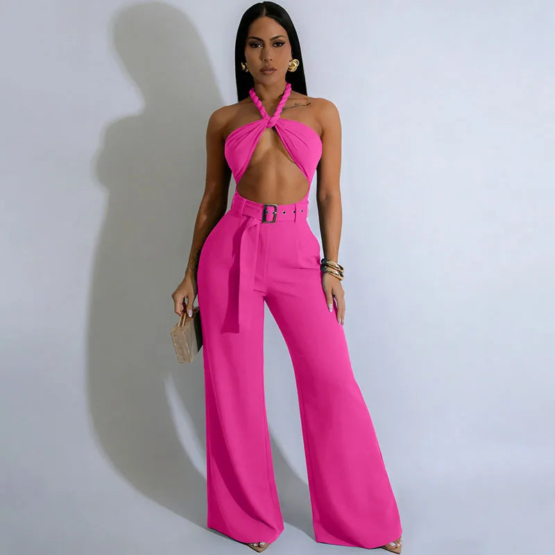 Sexy Halter Backless Overalls for Woman Jumpsuit Rave Festival Clothing Hollow Out Sleeveless Night Out Club Party Romper Belt