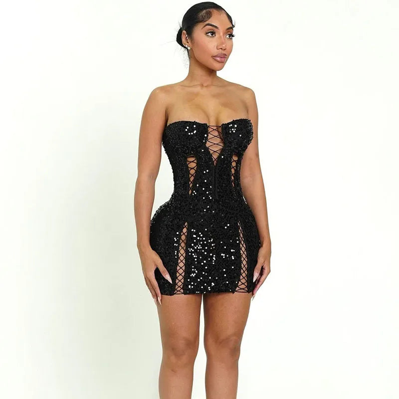 Doyerl Glitter Sequin Dress Woman Birthday Tube Strapless Lace-up Hollow Out Night Club Party Bandage Bodycon Mini Dress Vestido