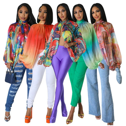 Printing Batwing Sleeve Chiffon Shirts & Blouses for Women Tops Y2K Sheer Front Split Blouse Party Nightclub Blusas Para Mujer