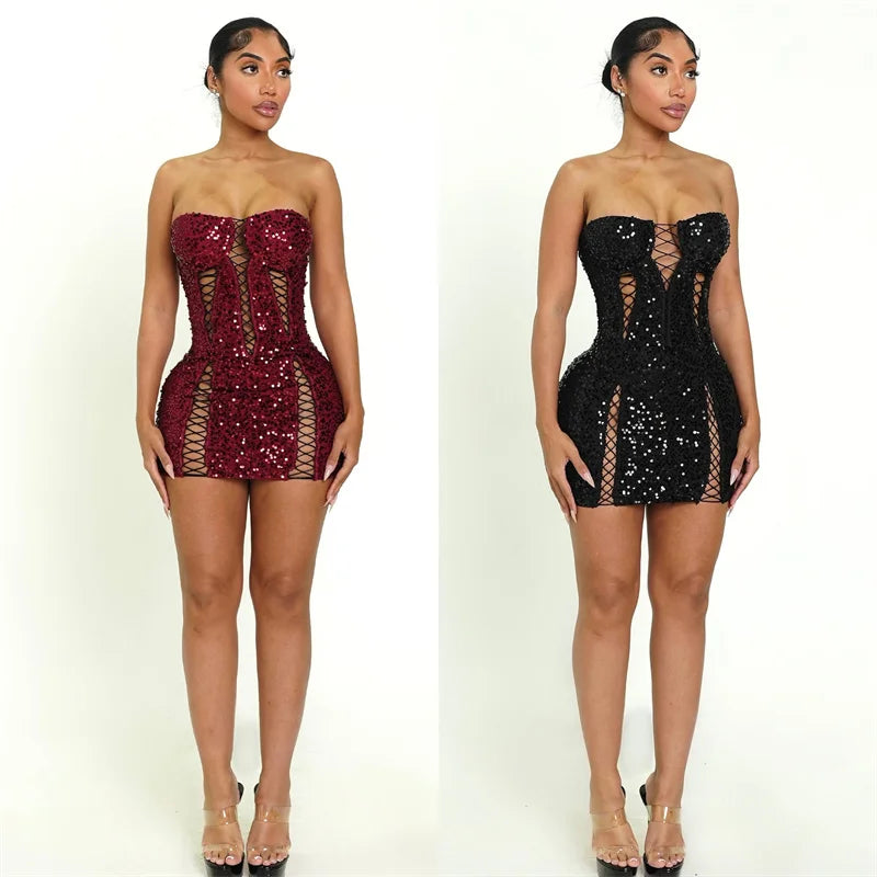 Doyerl Glitter Sequin Dress Woman Birthday Tube Strapless Lace-up Hollow Out Night Club Party Bandage Bodycon Mini Dress Vestido