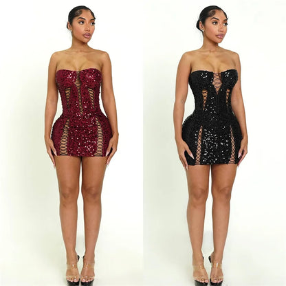 Doyerl Glitter Sequin Dress Woman Birthday Tube Strapless Lace-up Hollow Out Night Club Party Bandage Bodycon Mini Dress Vestido