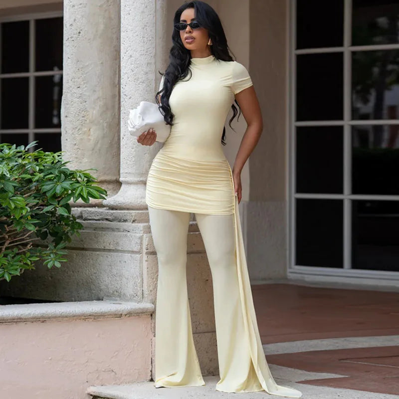 Doyerl Club Party Elegant Jumpsuit Woman Flare Pants Stretchy Slim Short Sleeve Ruched One Piece Rompers Mono Mujer Elegantes