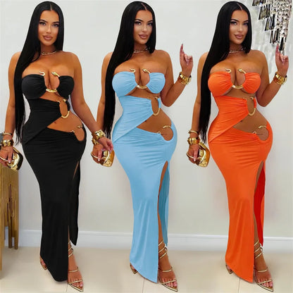 Doyerl Metal Ring Bandage Strapless Birthday Dresses for Woman Party Club Night Hollow Out Bodycon Maxi Dress Robe Longue Femmes