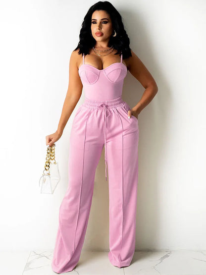 Doyerl Solid Elegant 2 Piece Set Woman Clothing Spaghetti Strap Strapless Top and Drawstring Wide Leg Pants Matching Sets Outfit