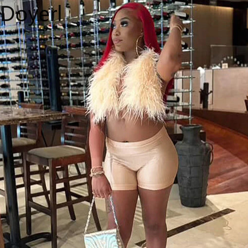 Doyerl Fake Fur Night Out Outfits Women Two Piece Set Sexy Club Halter Lace-up Crop Top and Shorts Birthday Ensemble Short Femme