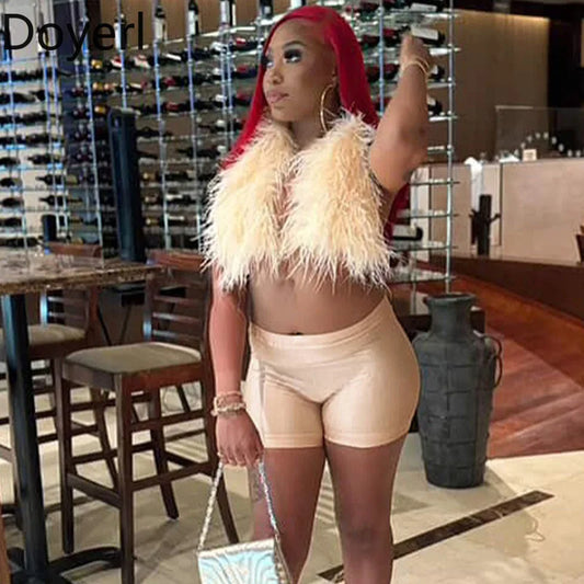 Doyerl Fake Fur Night Out Outfits Women Two Piece Set Sexy Club Halter Lace-up Crop Top and Shorts Birthday Ensemble Short Femme