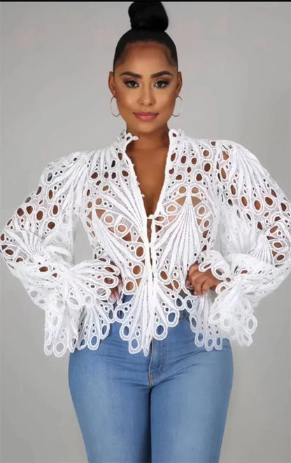 Sexy Hollow Out Floral White Blouses Tops for Woman 2025 Birthday Flare Sleeve Stylish Y2K Club Wear Shirts Blusas Para Mujer