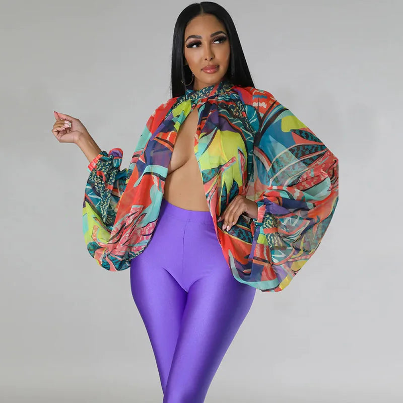 Printing Batwing Sleeve Chiffon Shirts & Blouses for Women Tops Y2K Sheer Front Split Blouse Party Nightclub Blusas Para Mujer