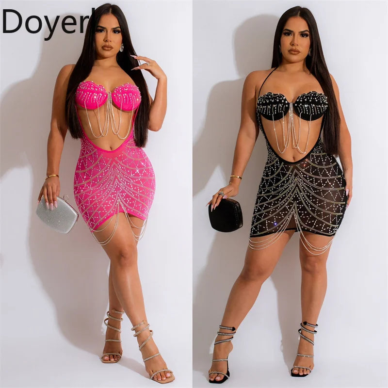 Doyerl Crystal Diamonds Tassel Birthday Dress Women Luxury Party Night Club Hollow Out Mesh See Through Rhinestones Mini Dress