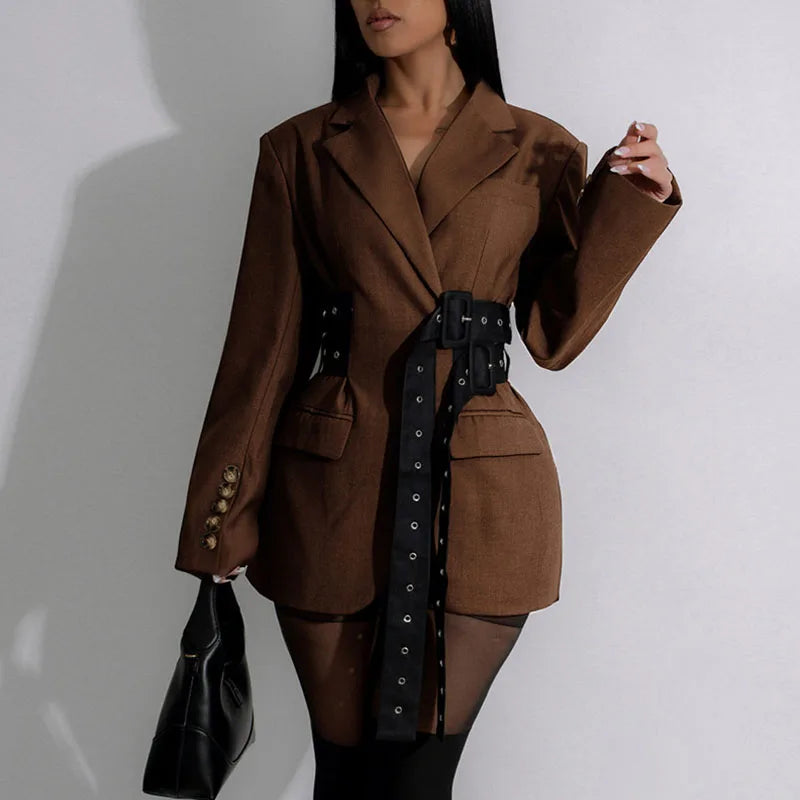 Doyerl Winter Trendy Elegant Blazer Women Y2K Clothing Notched Collar Ladies Outerwears Stylish Coats with Belt Blazers Feminino