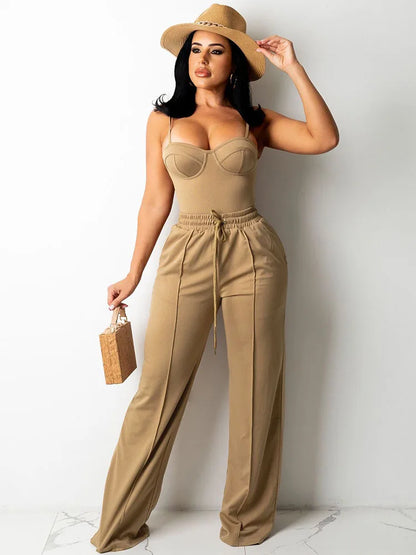 Doyerl Solid Elegant 2 Piece Set Woman Clothing Spaghetti Strap Strapless Top and Drawstring Wide Leg Pants Matching Sets Outfit