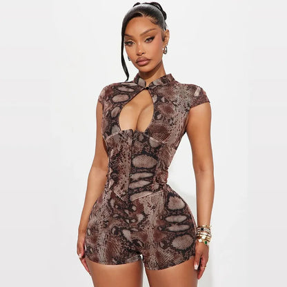Doyerl Leopard Print Sexy Romper Jumpsuit Woman Rave Clothes Hollow Out Corset Slim Club Party Playsuit Combinaison Short Femme